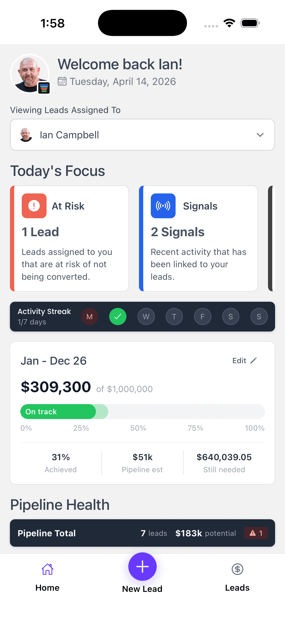GoList app showing pipeline, goals, and lead management