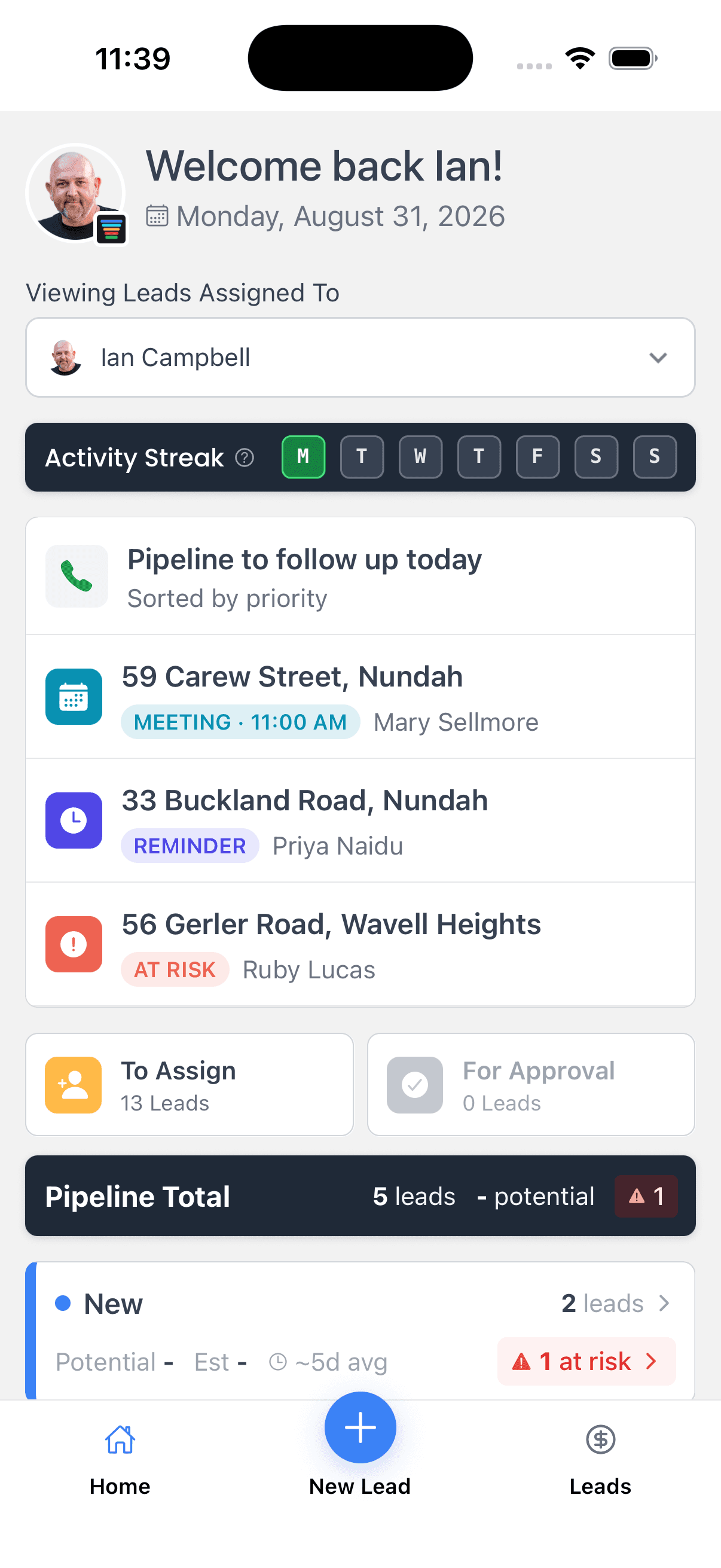 GoList app home screen with today's follow-ups and pipeline