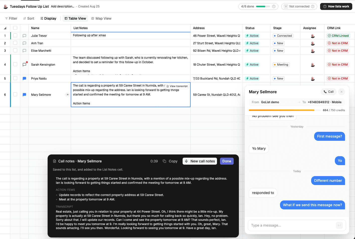 GoList follow-up list with call notes and SMS conversation