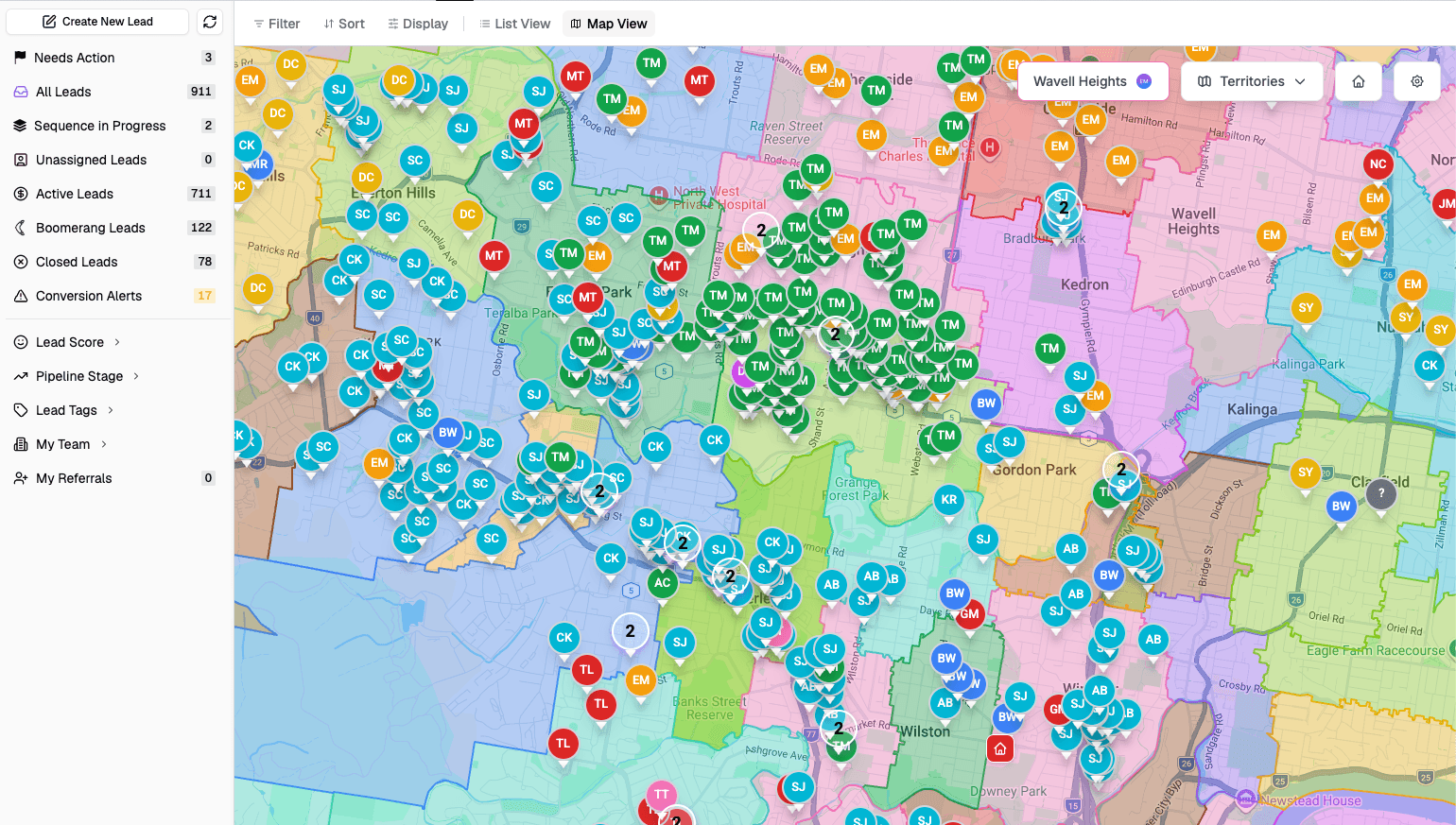 GoList web app showing lead map view with territories
